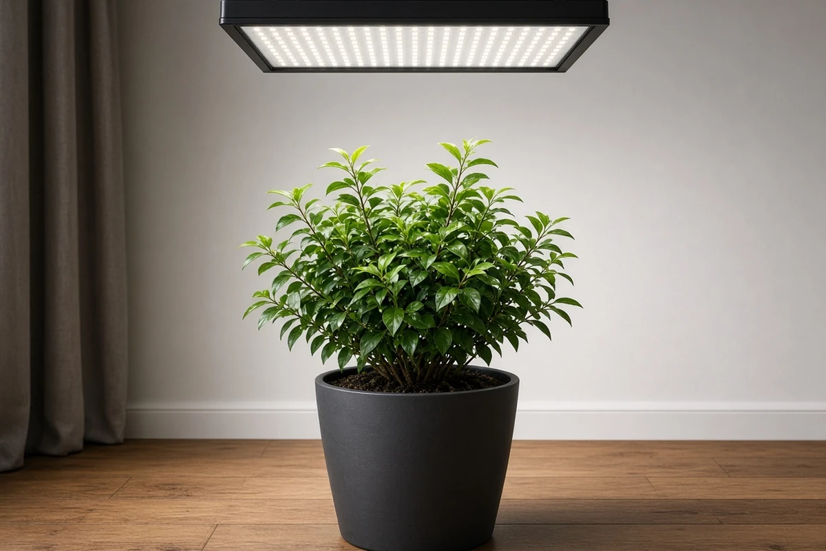Potted shrub under a hanging LED grow light