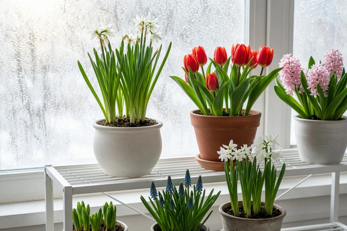 Potted spring bulbs on a white shelf by a frosted window