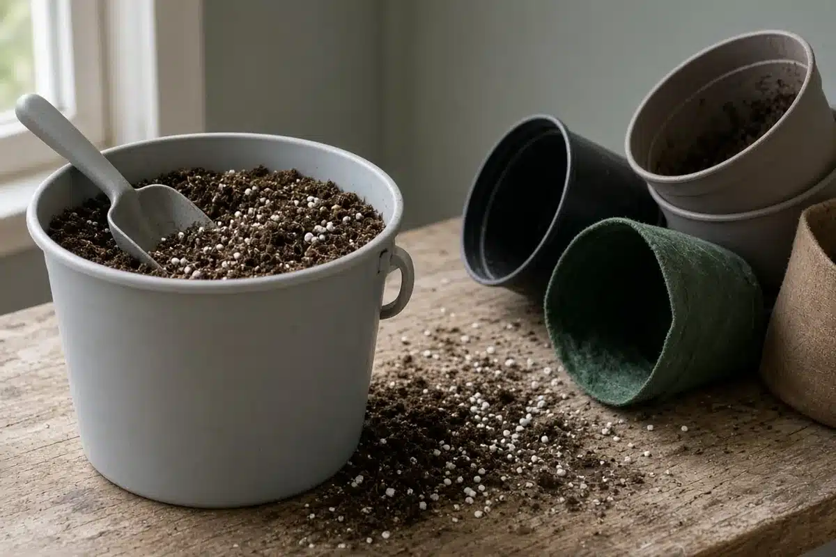 Potting mix of peat moss and perlite in a bucket next to empty pots