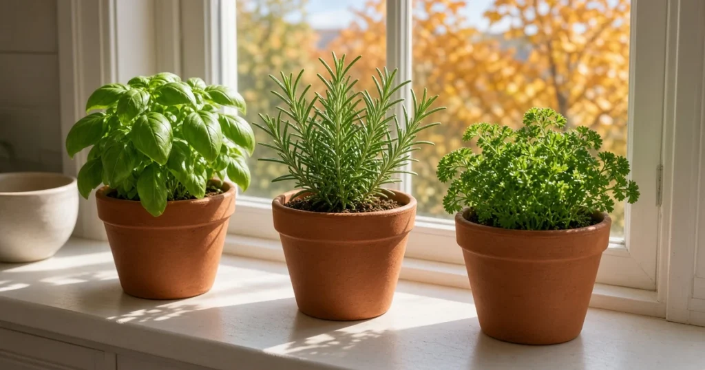 Potted herbs on a bright windowsill in fall