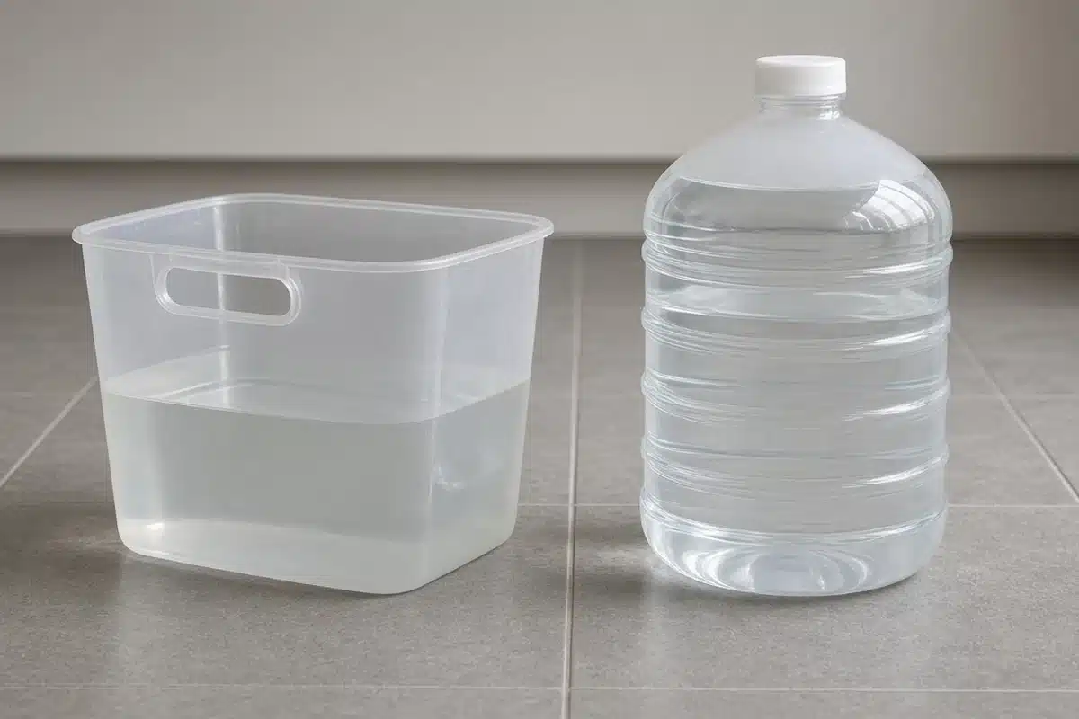 Dehumidifier bucket beside a clean covered plastic jug of water on a tile floor