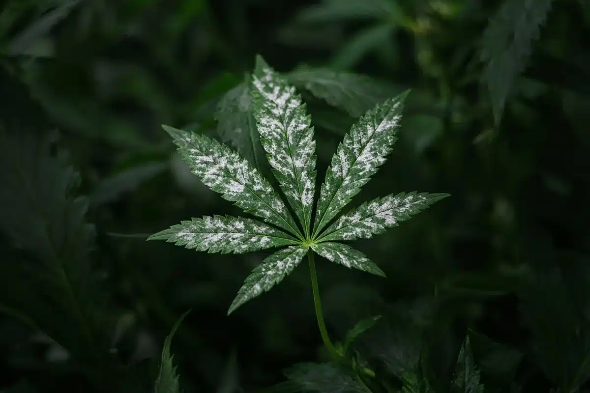 Powdery mildew patches on a cannabis fan leaf