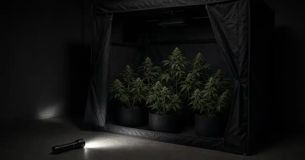 Dark grow tent full of flowering cannabis plants during a power outage with a flashlight beam kept off the plants