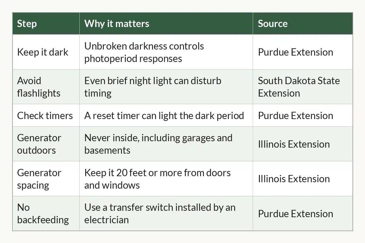 Table graphic of Power Outage Steps at a Glance for indoor cannabis growers, 6 rows by 3 columns