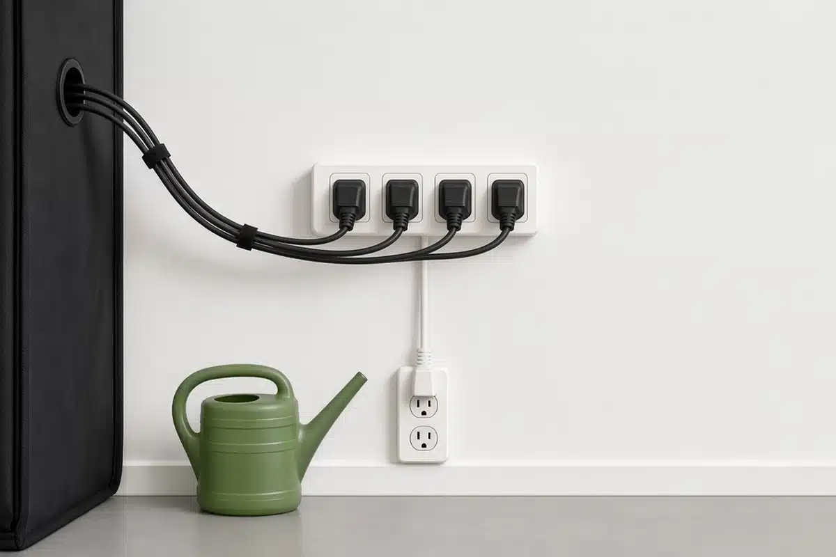 Power strip mounted on a wall above the floor beside a grow tent with cords running up and away from water