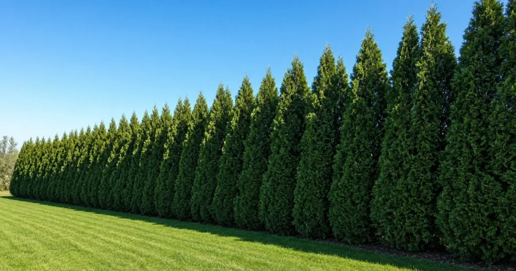 Tall evergreen privacy hedge lining a backyard lawn