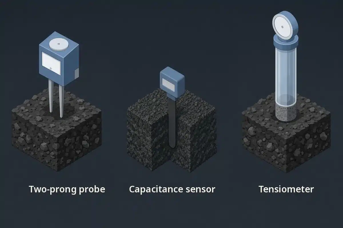 Diagram comparing a two-prong probe meter, a capacitance sensor and a tensiometer