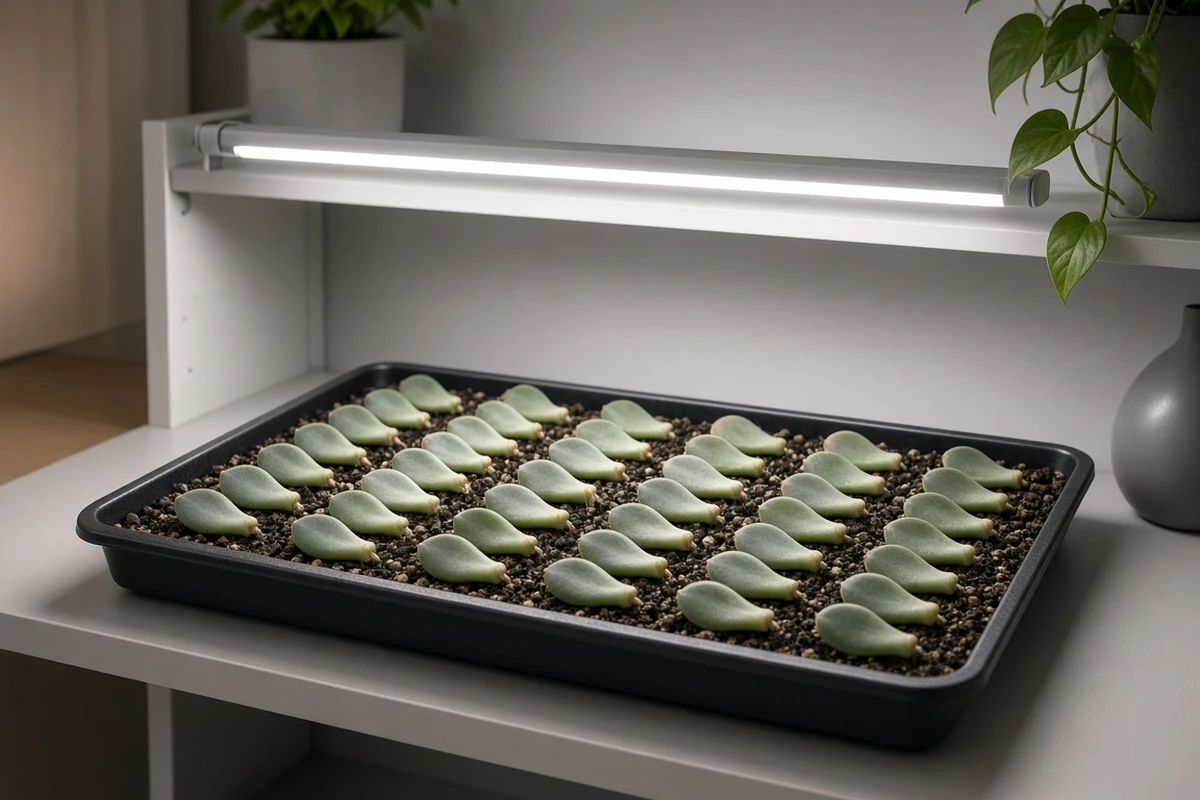 Propagation tray of leaves under a light bar