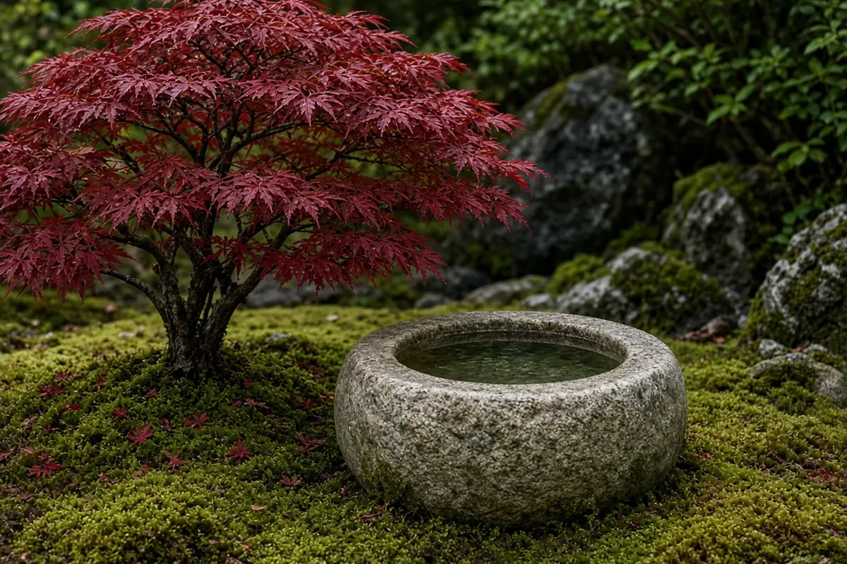 Pruned maple beside a stone basin