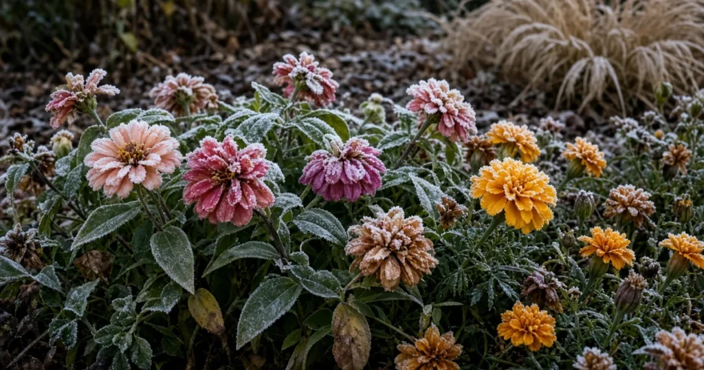 Frost touched annual flowers in a fall bed