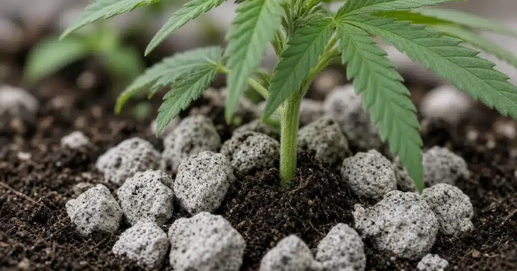 Close view of pale gray pumice pebbles mixed through dark potting soil around the stem of a cannabis plant