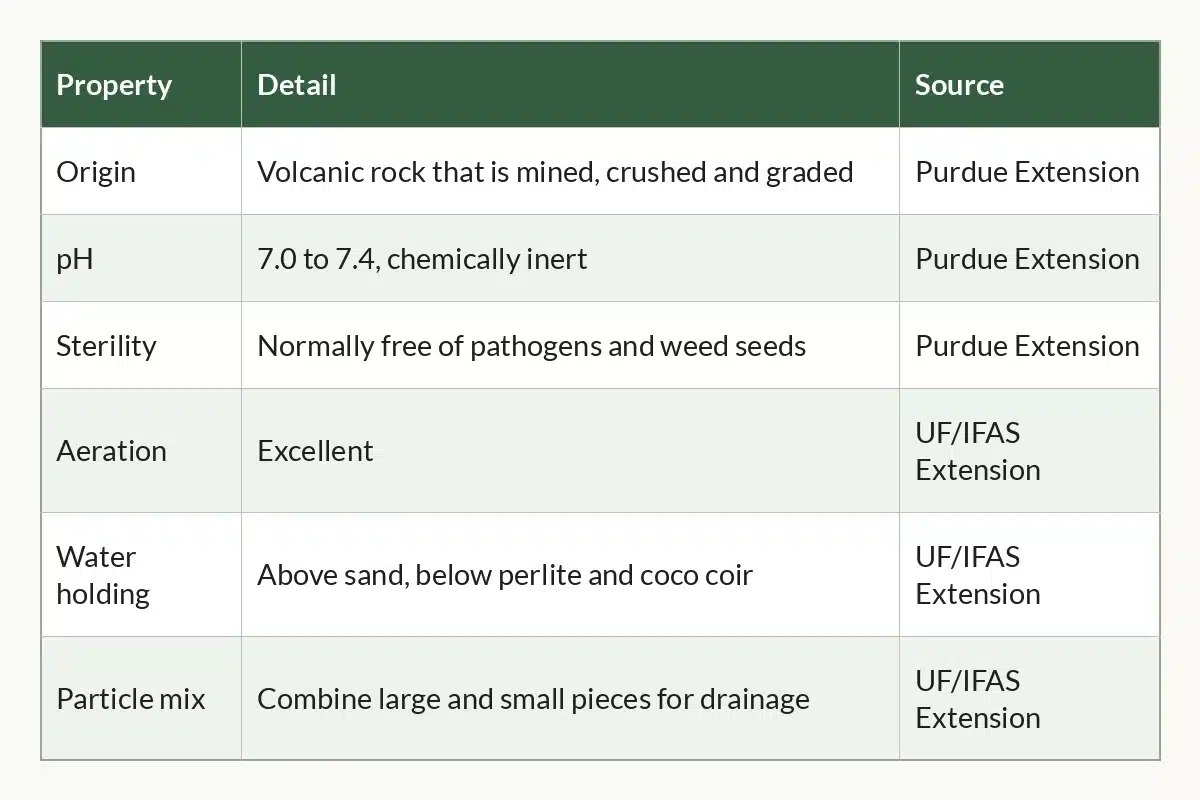 Table graphic of Pumice at a Glance, 6 rows by 3 columns