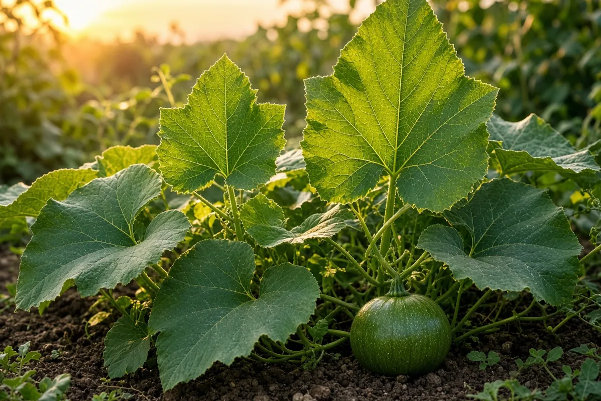 Pumpkin vine with upright leaves in the evening