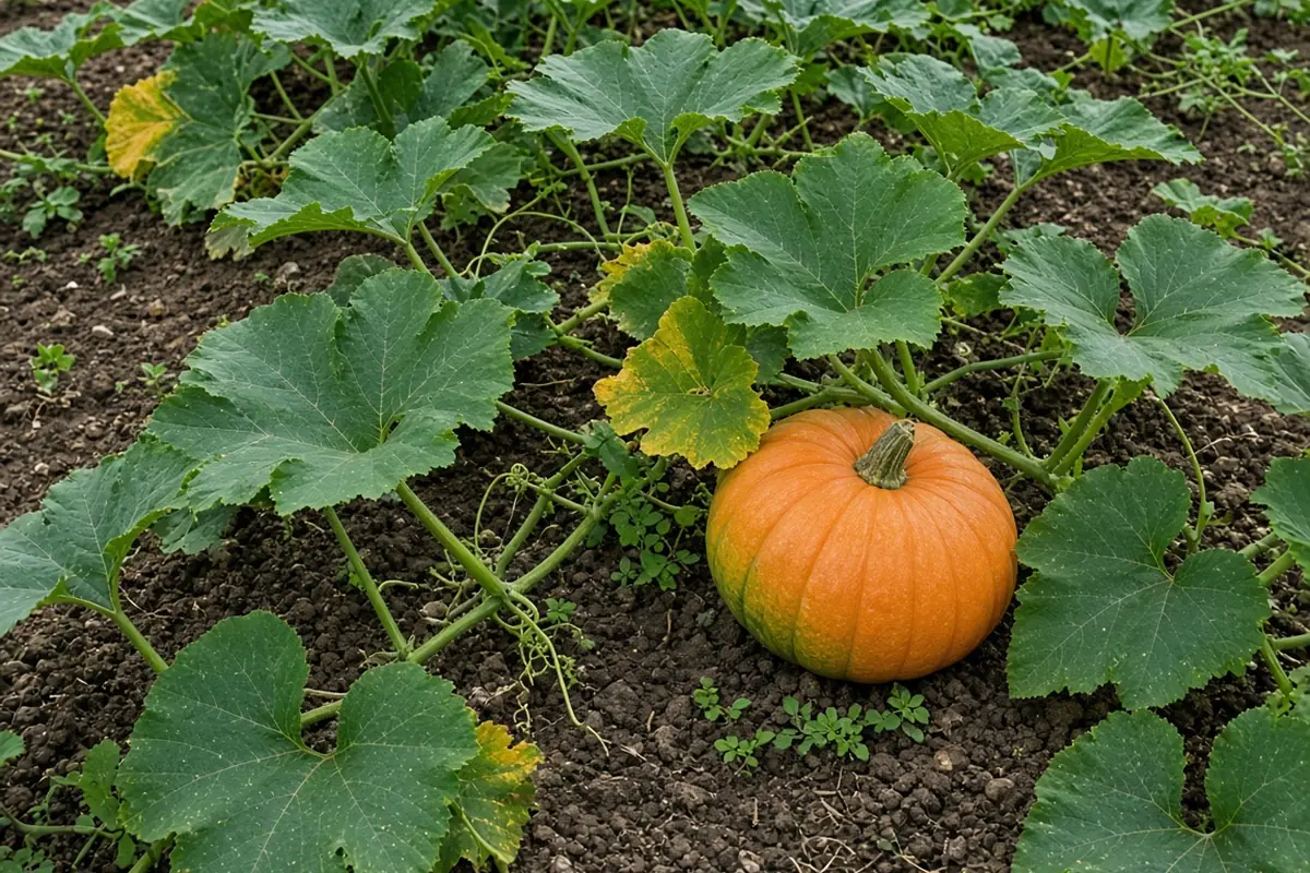 Pumpkin vines spreading in a garden
