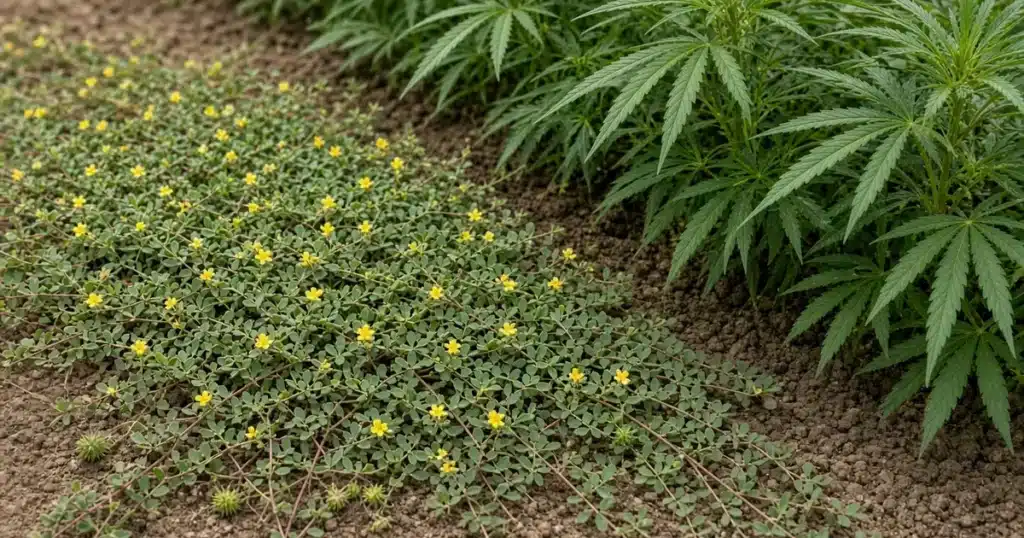 Flat mat of puncturevine with small yellow flowers and spiny burrs spreading across a garden path beside a cannabis bed