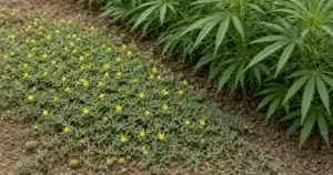 Flat mat of puncturevine with small yellow flowers and spiny burrs spreading across a garden path beside a cannabis bed