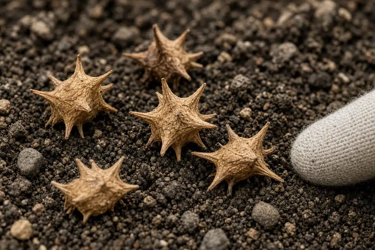 Hard tan puncturevine burrs with sharp spines scattered on bare soil, one spine pointing upward on each