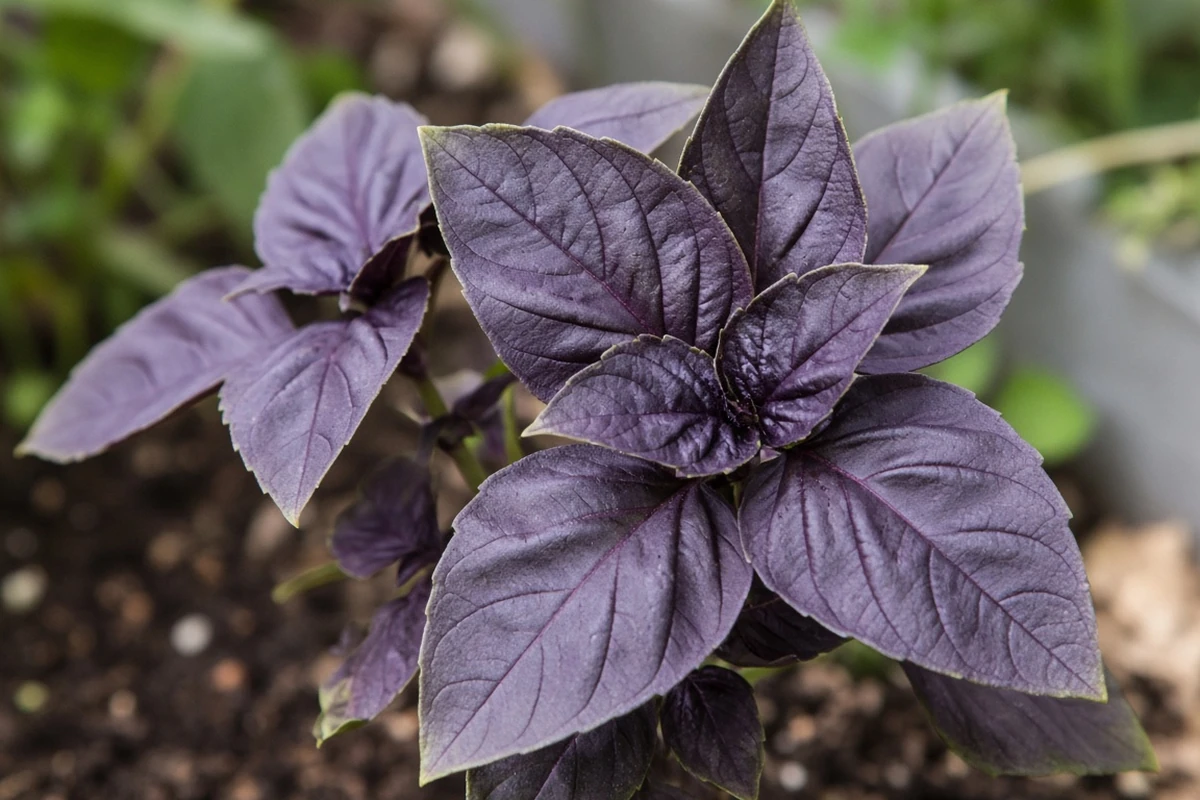 Purple basil leaves close up