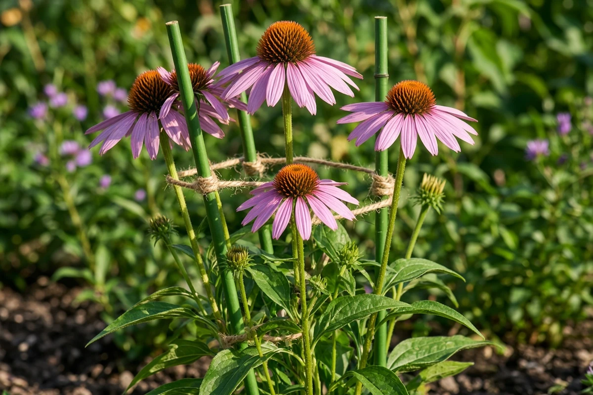 Purple coneflowers held upright with green stakes and twine