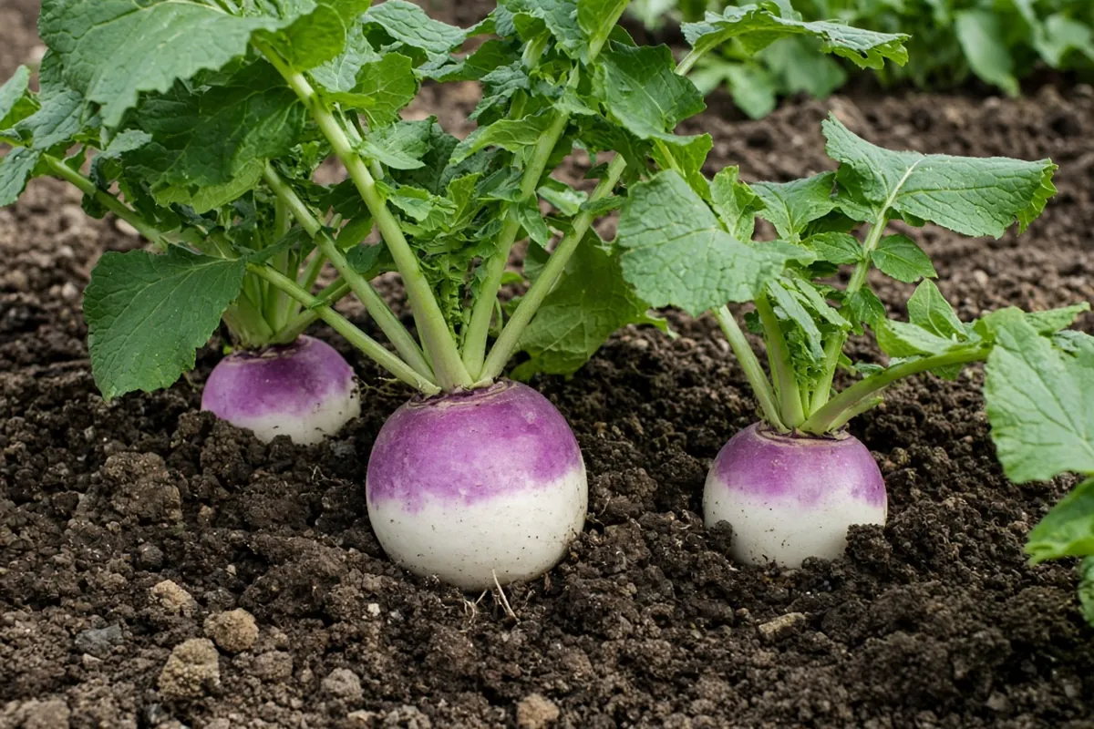 Purple topped turnips in a bed