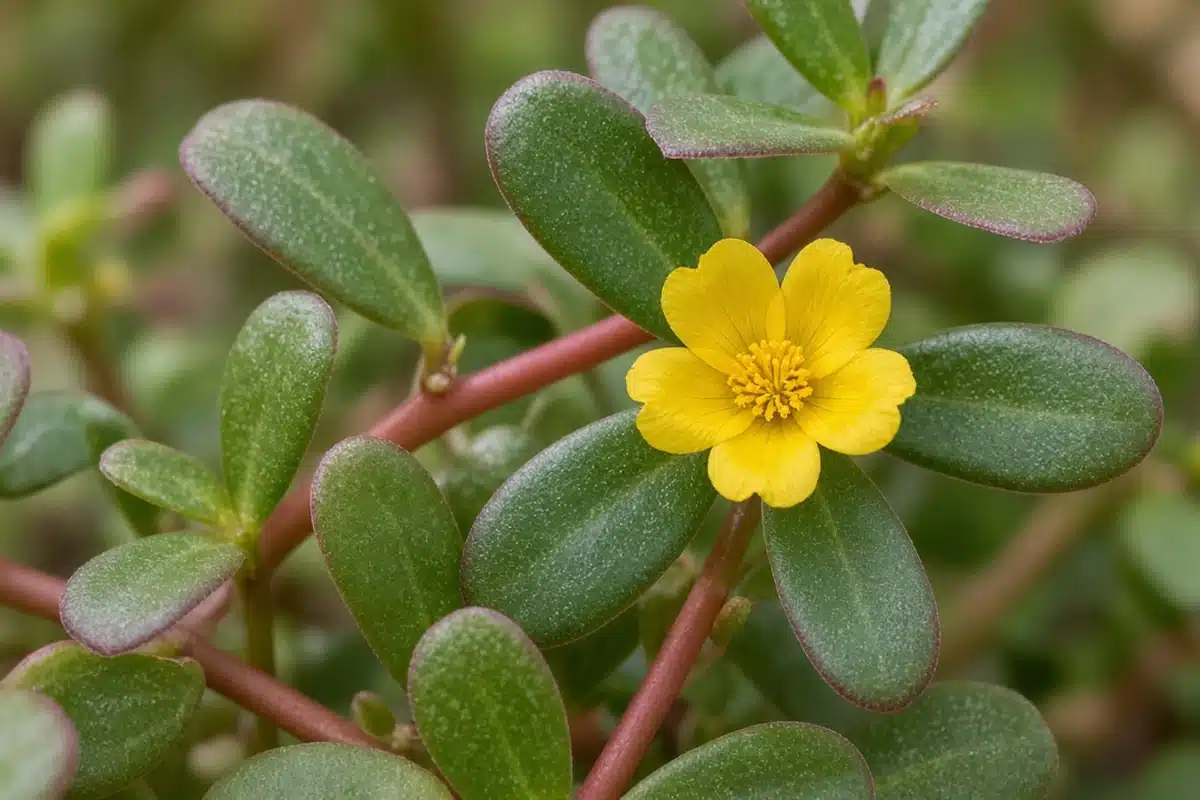 Close view of purslane with smooth fleshy oval leaves, reddish stems and a small five petal yellow flower open in sun