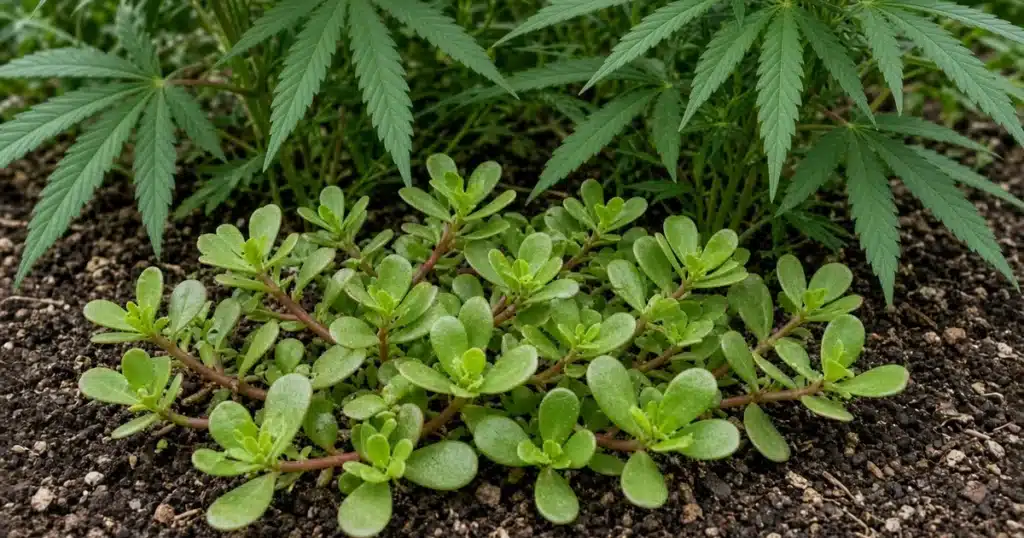 Mat of common purslane with fleshy leaves and reddish stems spreading across moist soil in a cannabis bed