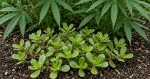 Mat of common purslane with fleshy leaves and reddish stems spreading across moist soil in a cannabis bed