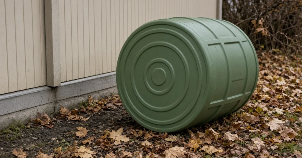 Empty rain barrel lying on its side beside a house