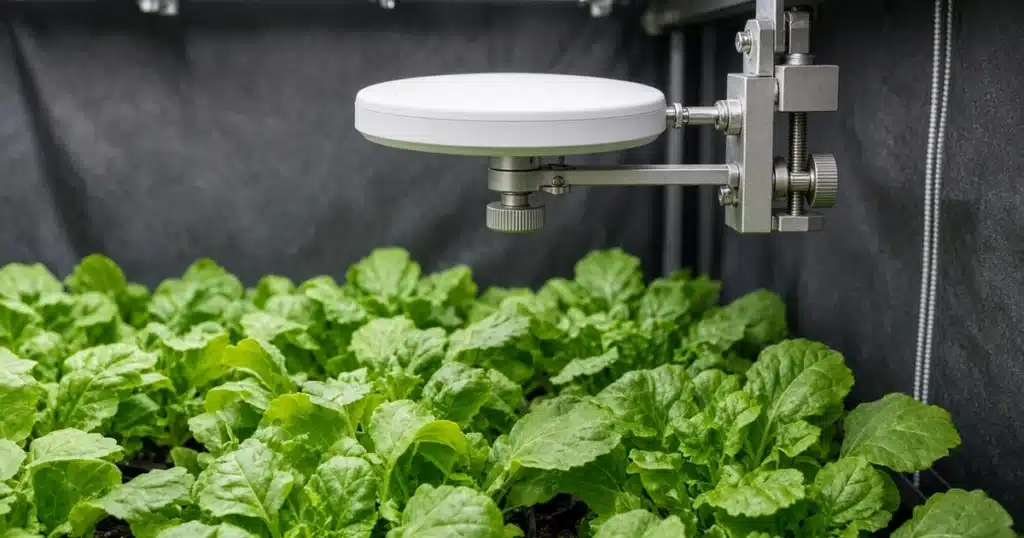 Quantum sensor on a mounting arm above a plant canopy
