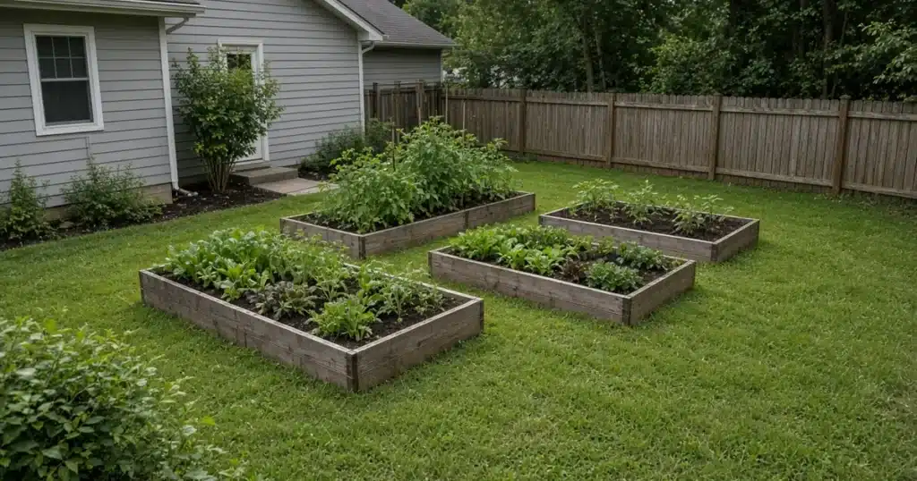Small homestead lot with raised beds near a house