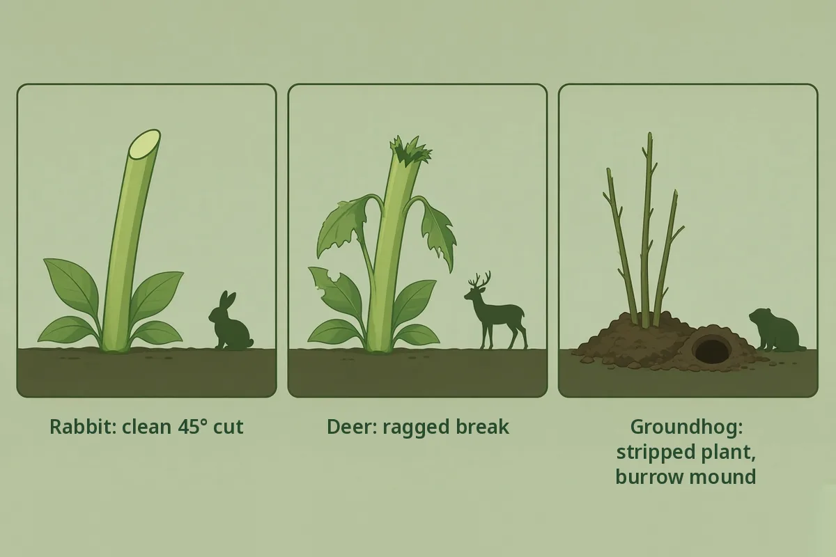 Diagram comparing a clean angled rabbit cut, a ragged deer break and a groundhog-stripped plant by a burrow