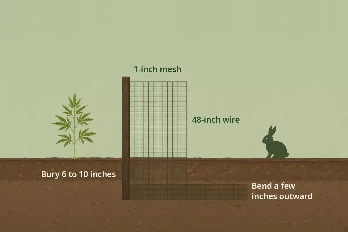 Diagram of a rabbit fence: one-inch mesh, buried bottom edge and an outward L-shaped footer