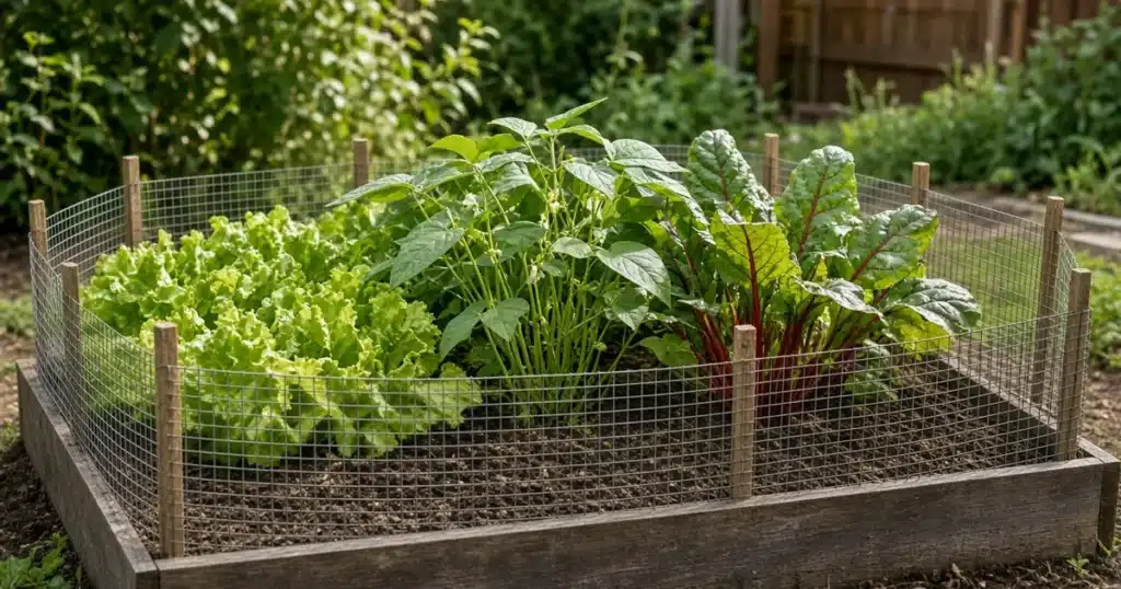 Small mesh wire fence around a vegetable bed