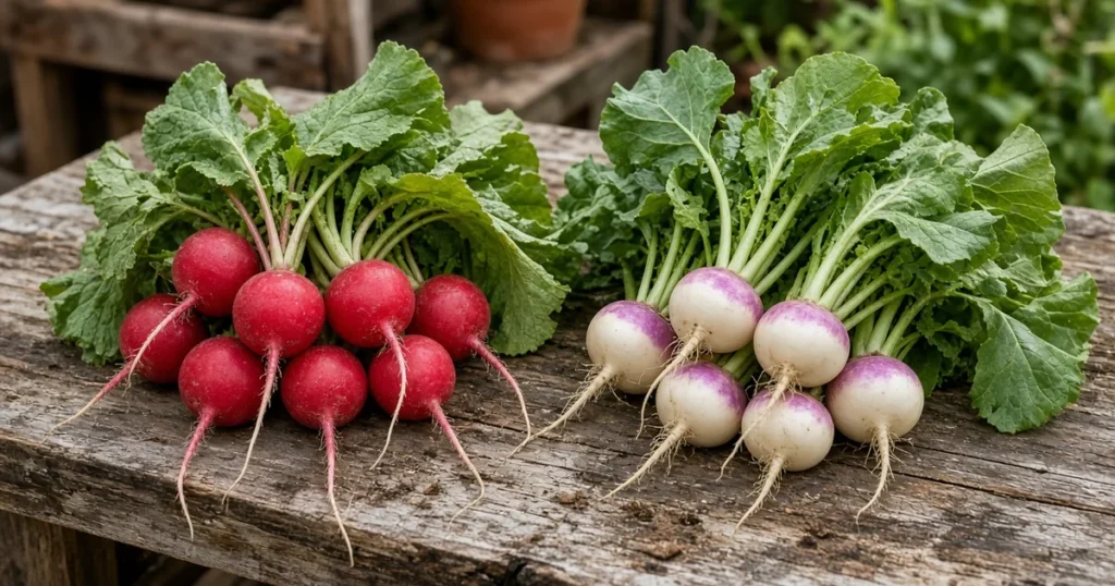 Radishes and turnips on a garden table