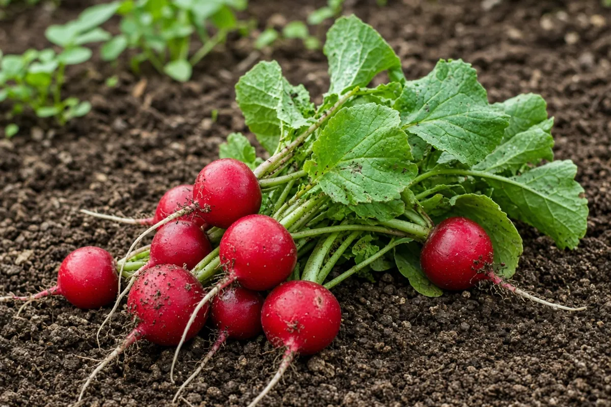 Radishes freshly pulled from a garden bed