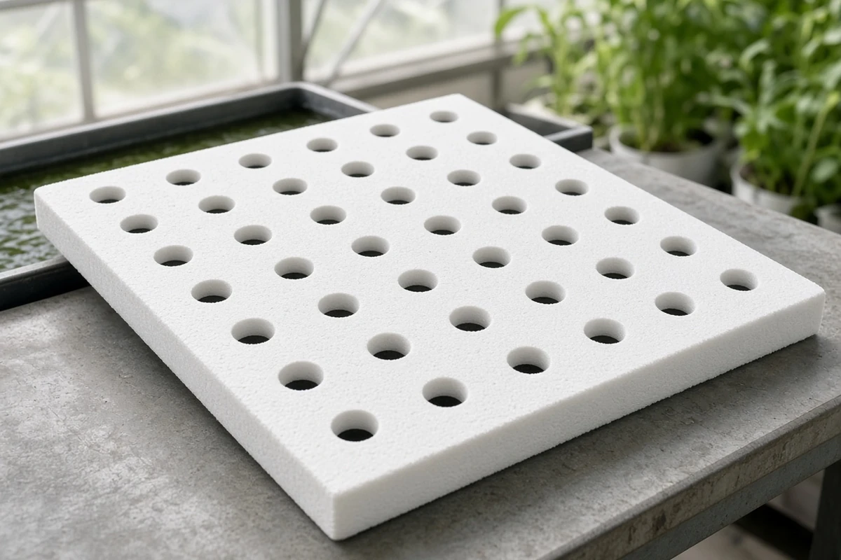 Raft board with drilled holes in a grid