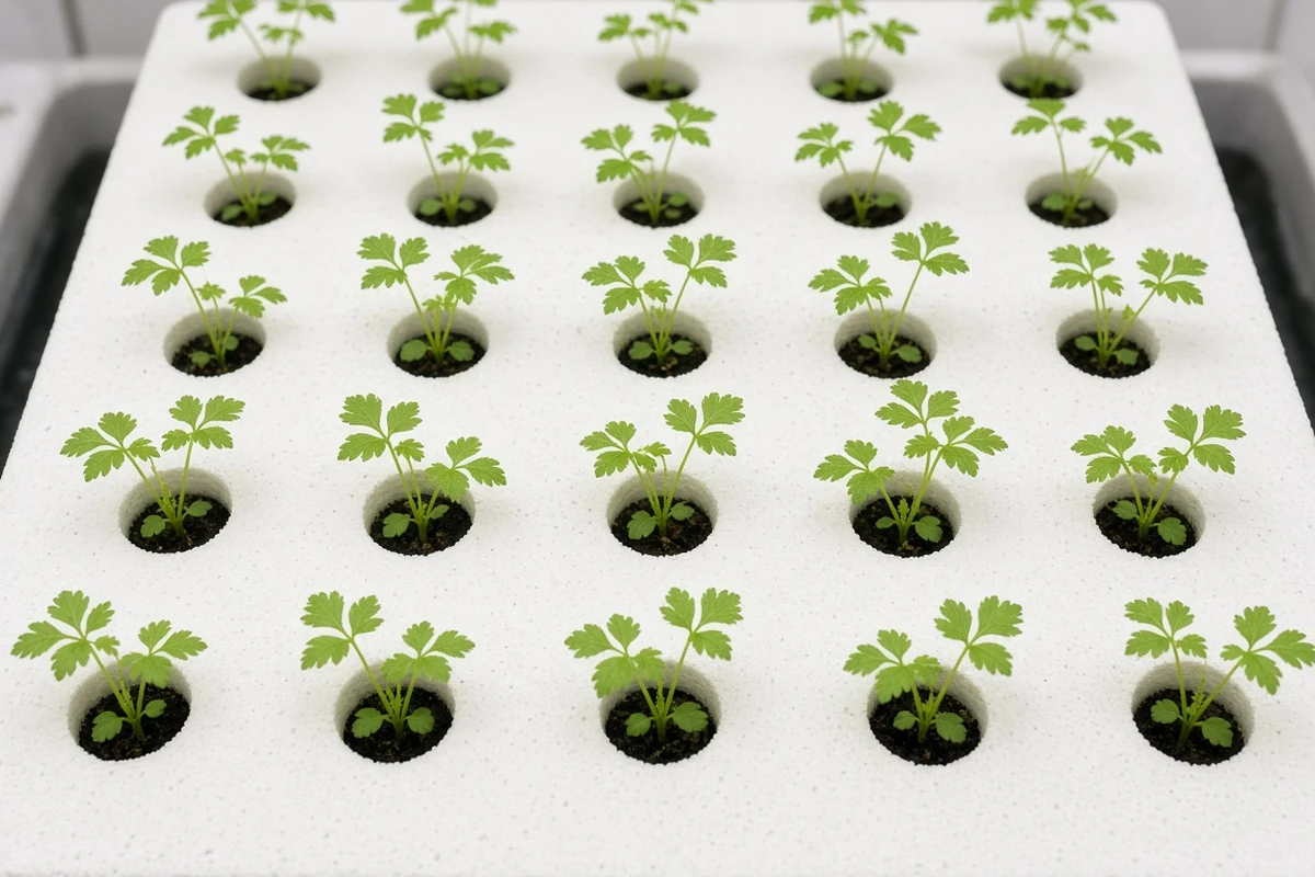 Raft of young herb plants under soft light