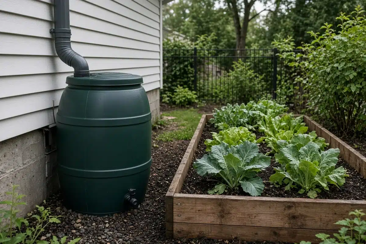 Rain barrel beside a garden bed