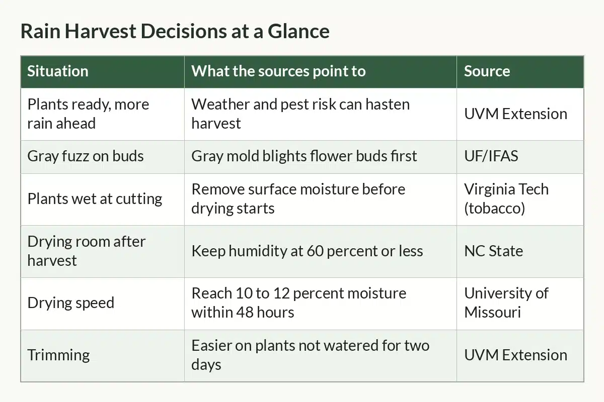 Table graphic of Rain Harvest Decisions at a Glance with columns Situation, What the sources point to, Source and 6 rows
