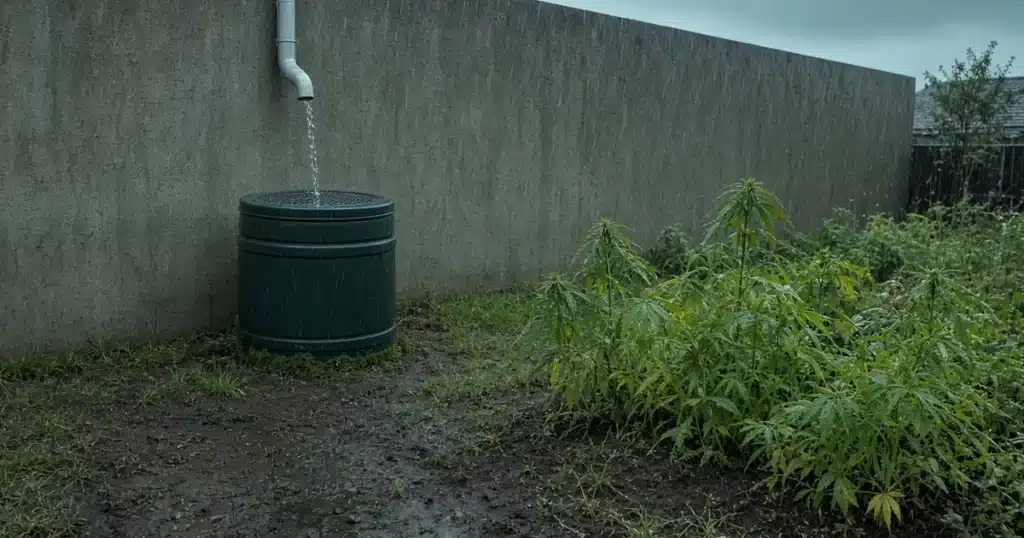 Rain barrel collecting water from a downspout beside outdoor cannabis plants.