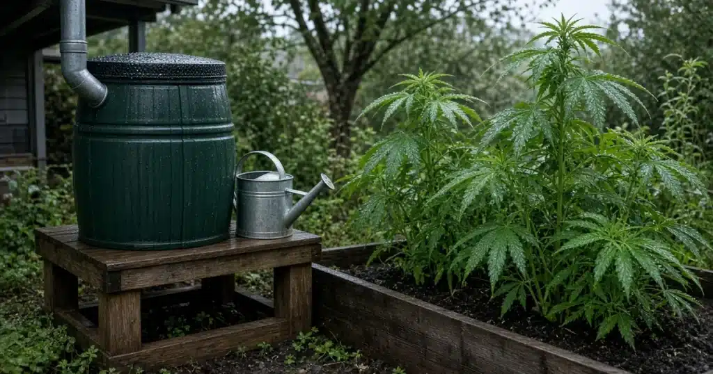 Rain barrel under a downspout beside a raised bed of wet cannabis plants after rain