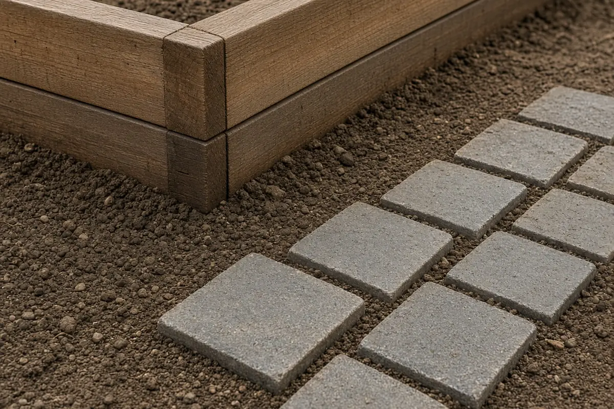 Raised bed corner beside pavers on smooth leveled soil