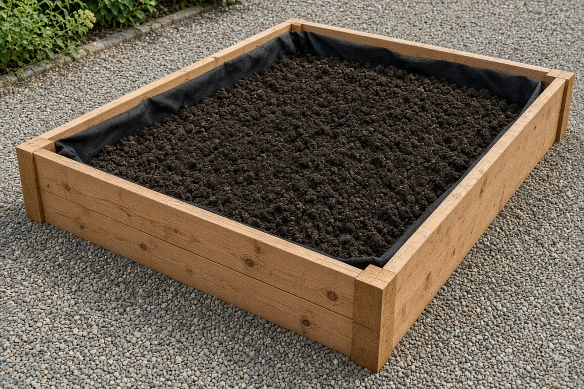 Raised bed lined with landscape fabric and filled with soil on gravel