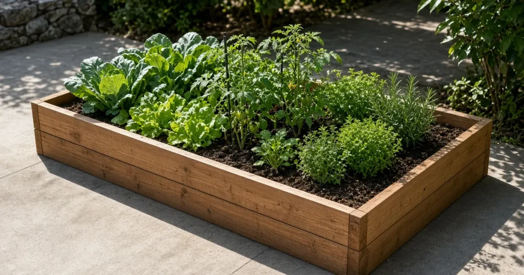 Wooden raised bed on a concrete patio with vegetables