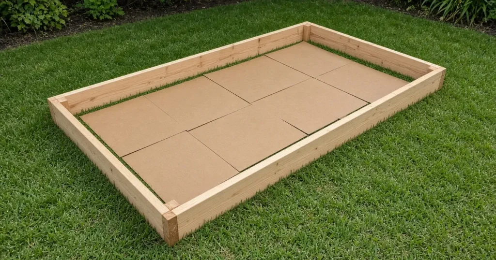 Raised bed frame on lawn with cardboard laid inside