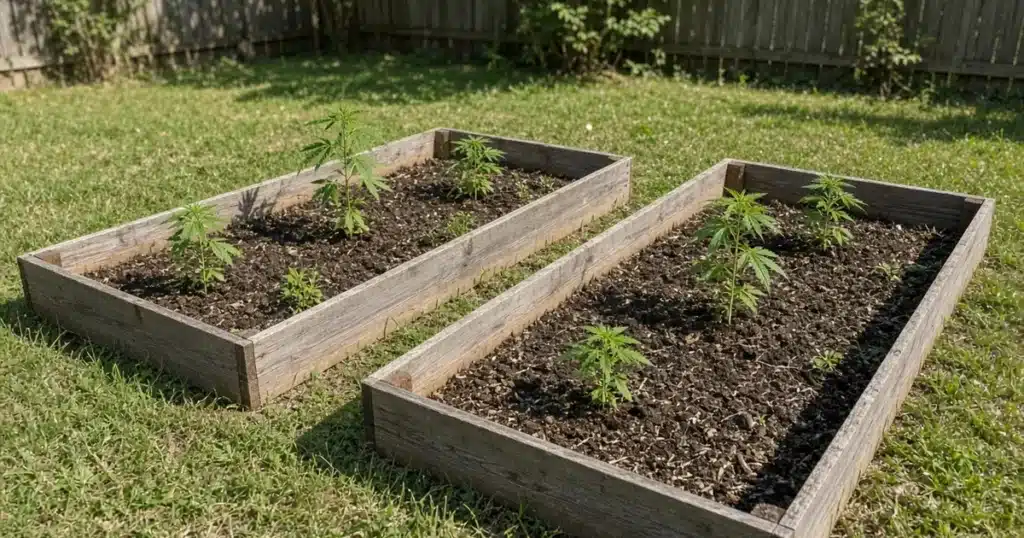 Wooden raised beds with young cannabis plants growing in a sunny backyard