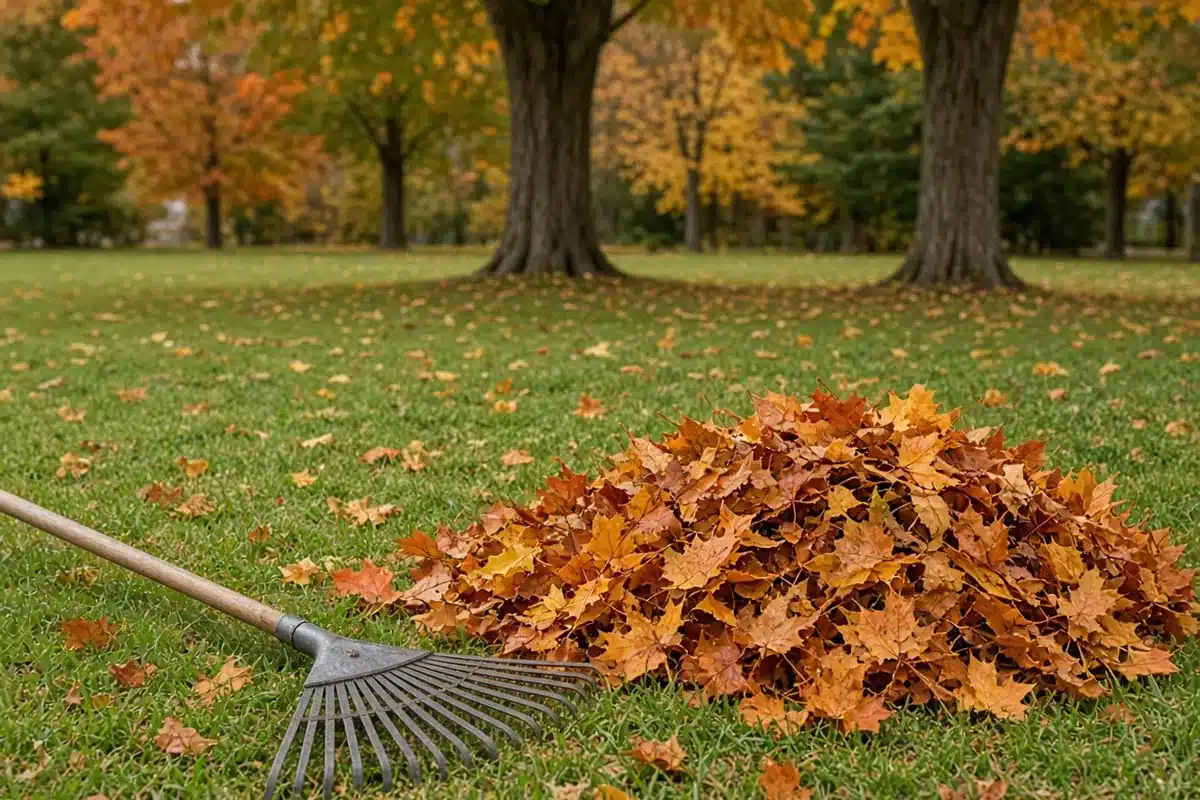 Rake gathering maple leaves in autumn