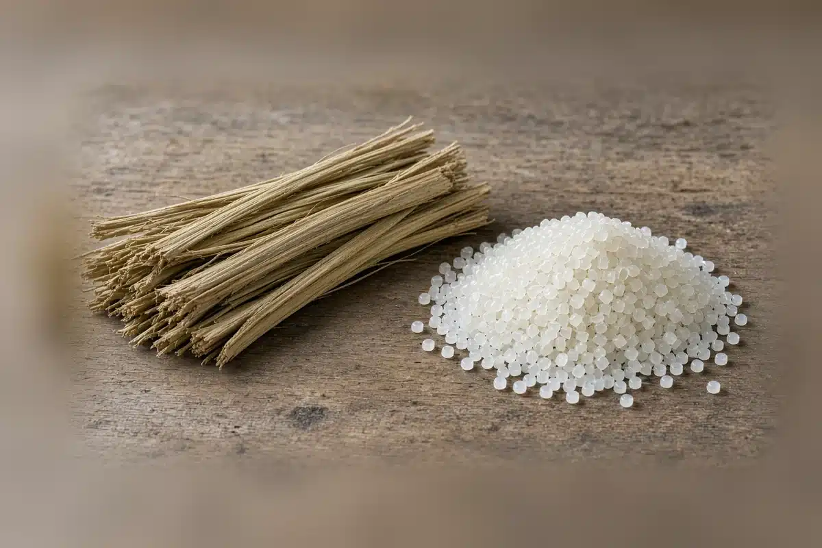 Raw hemp fibers beside plastic pellets