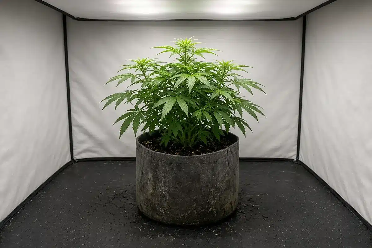 Healthy bushy cannabis plant in a pot