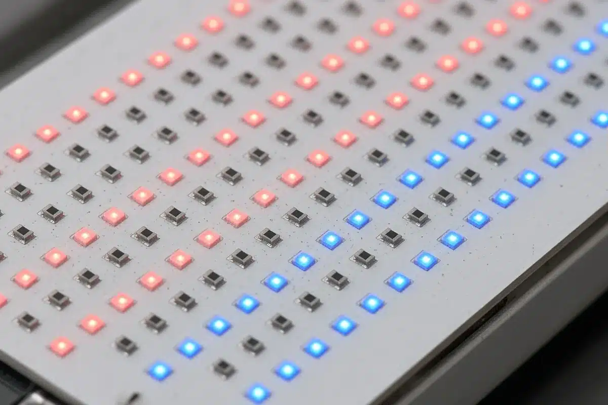 Close-up of red and blue LED diodes